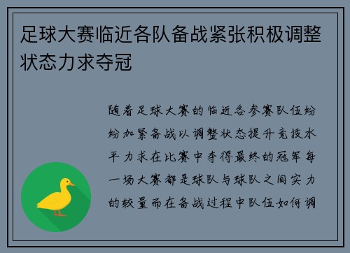 足球大赛临近各队备战紧张积极调整状态力求夺冠