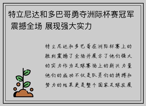 特立尼达和多巴哥勇夺洲际杯赛冠军 震撼全场 展现强大实力