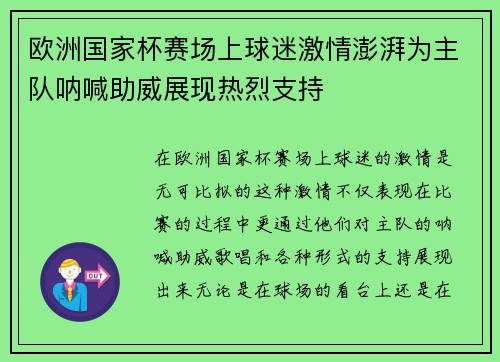 欧洲国家杯赛场上球迷激情澎湃为主队呐喊助威展现热烈支持