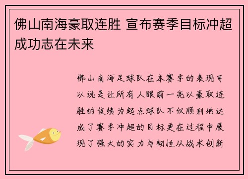 佛山南海豪取连胜 宣布赛季目标冲超成功志在未来