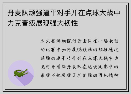 丹麦队顽强逼平对手并在点球大战中力克晋级展现强大韧性