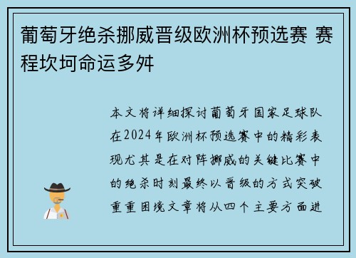 葡萄牙绝杀挪威晋级欧洲杯预选赛 赛程坎坷命运多舛