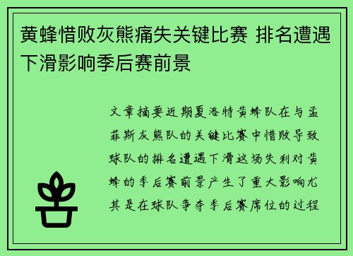 黄蜂惜败灰熊痛失关键比赛 排名遭遇下滑影响季后赛前景